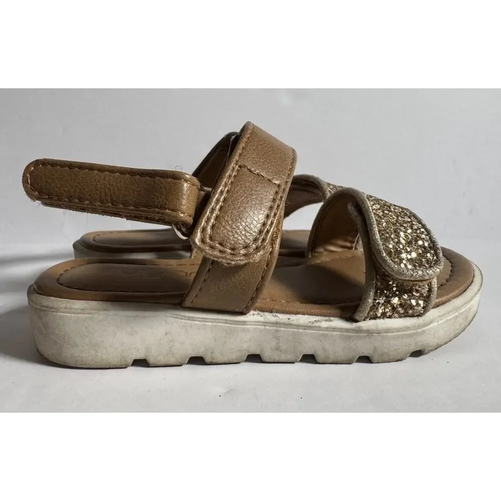 Sugar Girls Toddler Size 9 Gold Glitter Tan Strappy Sandals Hook Loop